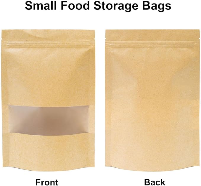 100 Pcs Kraft-Paper-Bags with Window, Small 3.9 * 5.9 inch Stand Up Zipper Pastry Bags, Zip Lock Food Storage Bag for Packaging Products, Reusable, Sealable - Image 2