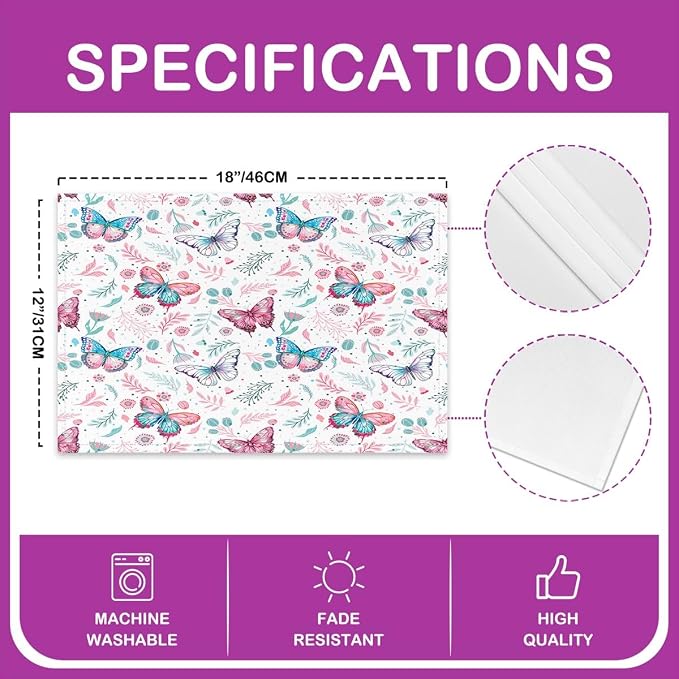 Feelyou Butterfly Table Place Mats, 18"x12" Girl Butterfly Floral Placemats Set of 4 for Beautiful Butterfly Placemat for Kitchen Dining Table Decor Indoor Outdoor Floral Botanical - Image 4