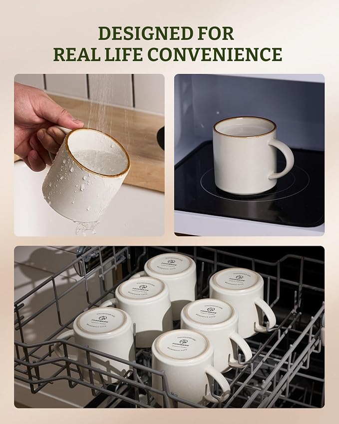 famiware Coffee Mugs Set of 6 Nebula 14oz Coffee Mugs, Ceramic Cup Set with Handle for Latte, Tea, Milk, Cappuccino, Cocoa, Matte Beige White with Brown Rim - Image 5