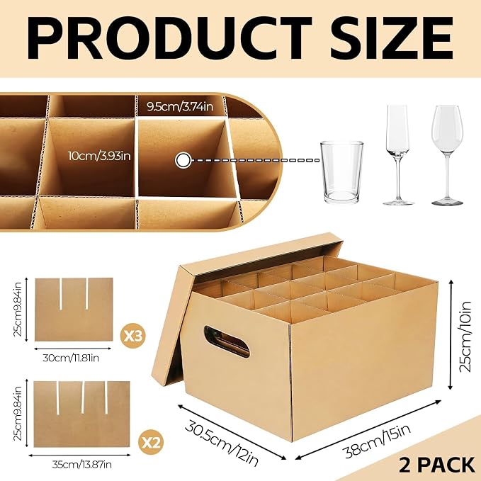 Wine Glass & Dish Moving Boxes, Glass Packing Boxes, Kitchen Storage Kit | 2 Pack, 15 x 12 x 10 In, Sturdy Corrugated Cardboard, with Ergonomic Handles & Secure Lids, for Glassware & Dishware, Brown - Image 2