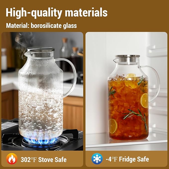 1 Gallon thickened Glass Pitcher with Lid and Spout, Borosilicate Glass Carafe for Hot/Cold Drink, Water Pitchers for Fridge, Extra Large Jug with Handle for Iced Tea, Coffee,Juice,Homemade Beverage