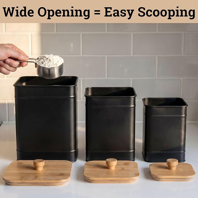 Kitchen Canisters for Countertop Set of 3 w/ Chalkboard Labels & Marker Pen | Airtight Easy Open Bamboo Lids, Dent-Resistant Thick Metal, Customizable Chalkboard Labels, Marker Pen Included, Set of 3 - Image 8