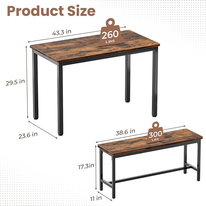 Dining Table Set for 4, Kitchen Table with 2 Benchs, Brown | Modern Functional 3 Piece Space-Saving Dining Room Table Set for Apartment, Breakfast Nook, Small Space - Image 2