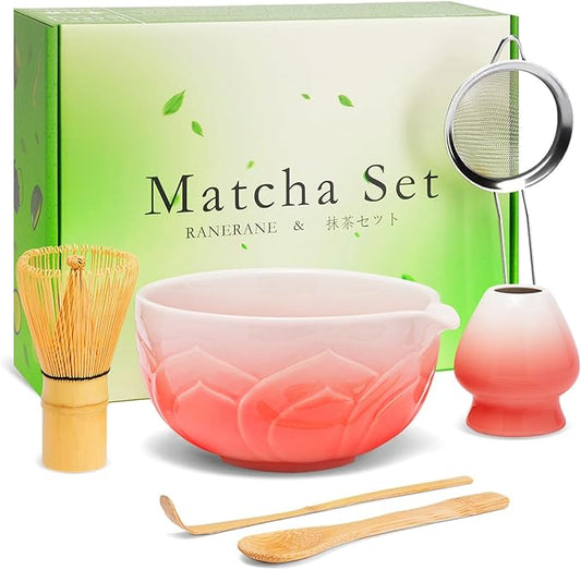 Matcha Whisk Set, Lotus Gradient Red Ceramic Matcha Set Includes Matcha Bowl, Matcha Whisk (Chasen) and Holder, Sifter, Bamboo Scoop & Spoon - 6 Pcs Matcha Kit for Matcha Lovers