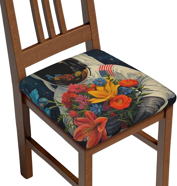 Astronaut with Flowers in Space Chair Seat Covers for Dining Room Stretch Chair Seat Covers Set of 2,The Flower Seller Chair Seat Protector Cushion Slipcovers for Kitchen Restaurant Office by Vendhui