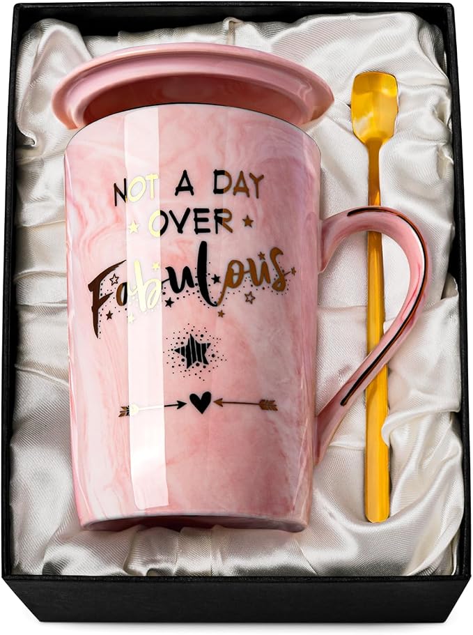 Funny Birthday Gifts for Women - 14Oz Not a Day Over Fabulous Coffee Mug Printed with Gold, Happy Birthday Gift Ideas for Her Bday, Mom, Sister, Best Friends Female, Christmas Ceramic Cup Gift, Pink by ALBISS