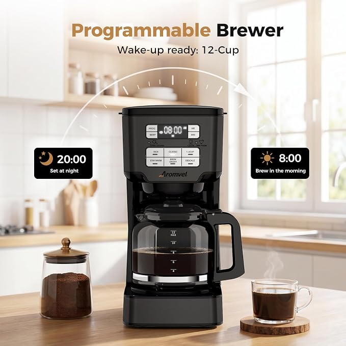 Programmable Coffee Maker, 24-Hour Delay Brew, 12-Cup Drip Brewer | 12-Cup Drip Brewer with Glass Carafe & Adjustable Strength (1-4 Cup/Classic/Rich), 4-Hour Keep Warm Function - Home & Office - Image 2