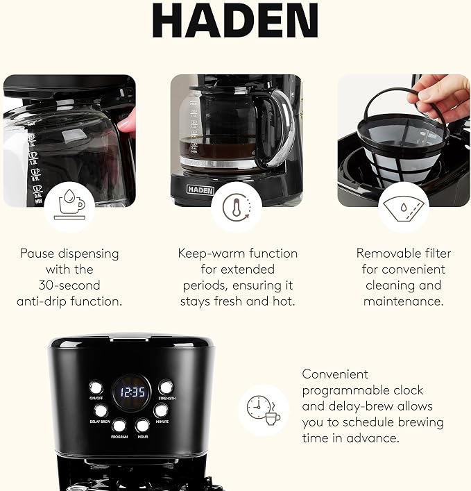 HADEN Coffee Machine, 12 Cup Programmable Drip Coffee Maker with Auto Shut-Off Function and Reusable Washable Water Filter, Black & Chrome - Image 3