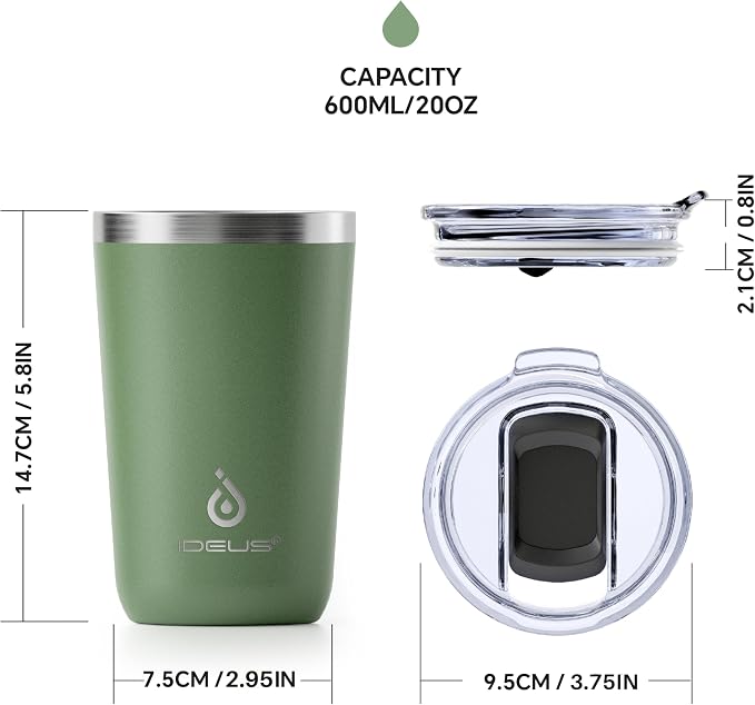 Ideus 20 oz Tumbler, Travel Coffee Mug with Splash Proof Sliding Lid, Double Wall Stainless Steel Vacuum Insulated Coffee Mug for Home and Office, Keep Beverages Hot or Cold, Avocado Green - Image 6