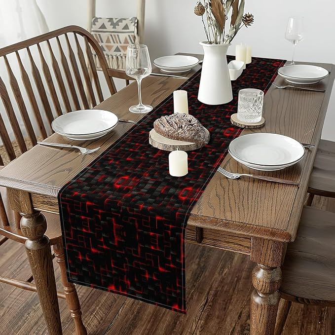 Feelyou Red and Black Table Runner 108x13 Inch Light Geometric Decorations Indoor Outdoor Party Supply Home Kitchen Dining Decor Dresser Scarfs Modern Style Home Decor for Living Room - Image 2