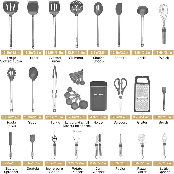 Kitchen Utensil Set-Silicone Cooking Utensils-33 Kitchen Gadgets & Spoons for Nonstick Cookware-Silicone and Stainless Steel Spatula Set-Best Kitchen Tools, Useful Pots (Grey) - Image 2