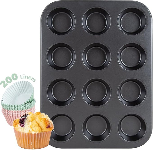 CARTMAN 12-Cup Muffin Pan & 200 Liners, Nonstick Carbon Steel Cupcake Tin | Includes 200 liners, durable carbon steel, nonstick release, for cupcakes, muffins, egg bites, brownies, oven safe 450°F by CARTMAN