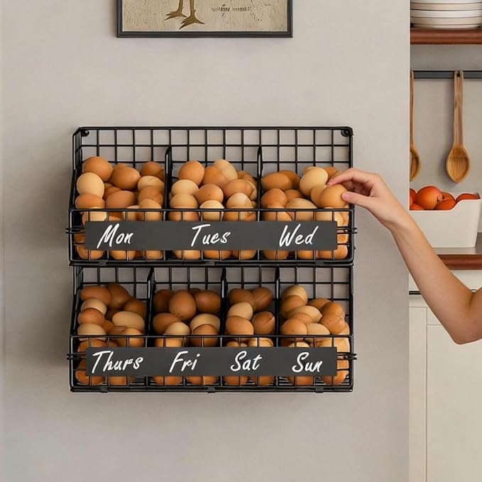 Egg Holder Countertop,Metal Egg Rack with Adjustable Dividers & DIY Labels | 2-Tier Stackable Wire Baskets, XXL Egg Basket for Gathering Fresh Eggs - Wall-Mounted Egg Storage, Chicken Coop Accessories by keomaisyto