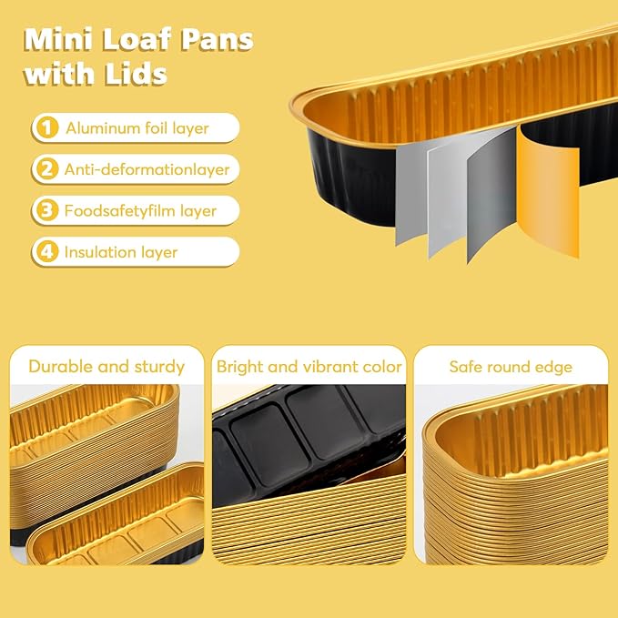 Ruckae 100 Pack Mini Loaf Pan Mini Loaf Baking Pans with Lids and Spoons,Disposable Aluminum Foil Pans, Rectangle Tin Foil Pans with Lids for Home, Pary, Picnics (Black Gold)