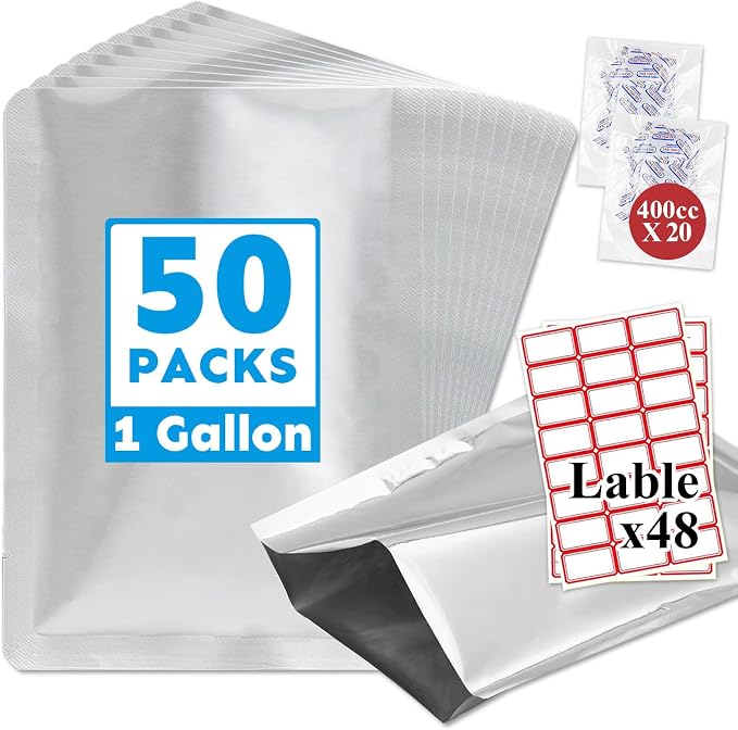 1Gallon 50PCS 10" x 14" Mylar Bags for Food Storage with Oxygen Absorbers&Labels,Resealable Heat Seal Flat Pouches for Long Term Food Storage,Dried Food,Coffee Beans,Tea,Grains(No Zipper,Flat Bottom) by HomePage