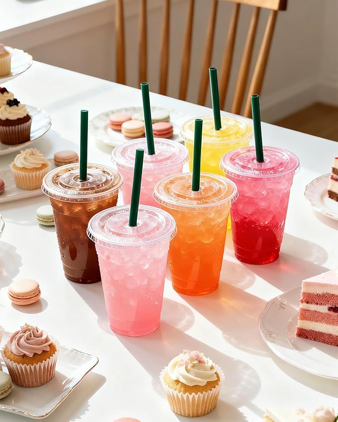 Goodluck 100 Pack 16oz Plastic Cups with Lids and Green Straws, Clear Disposable Iced Coffee Cups, Food Safe Cold Drink Cups for Bubble Tea, Smoothies & Shakes, BPA Free