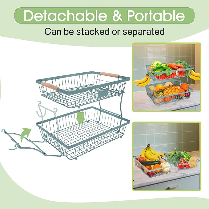 Fruit Basket Bowl 2 Tier Detachable with 2 Banana Hangers, Fruit Stand Holder for Kitchen Countertop, Metal Wire Vegetable Storage Organizer, for Bread Snack Veggies Produce, blue - Image 4
