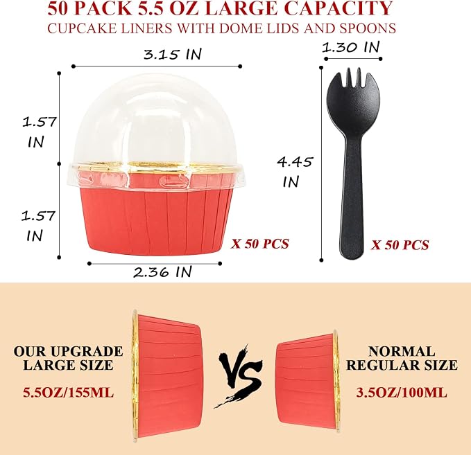 Large Cupcake Liners Baking Cups 50 Pack,LNYZQUS 5oz Foil Muffin Cups Muffin Tins,Disposable Ramekins Tins with Lids and Spoons,Cupcake Wrappers Holders for Wedding Bakery-Red in gold - Image 3