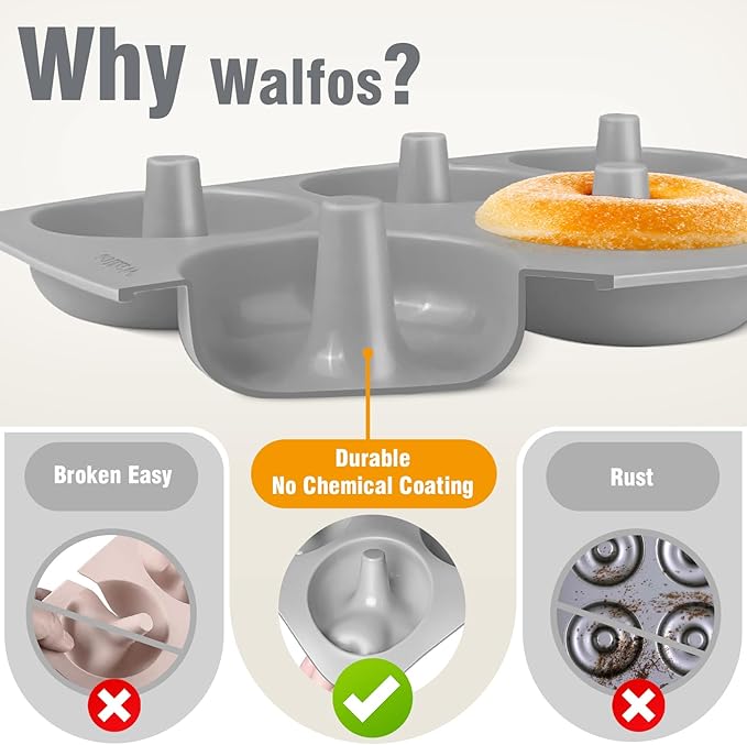 Walfos Donut Pan for Baking - Non-Stick Silicone Doughnut Pan Set, Silicone Donut Mold Heat Resistant, Make Perfect Donut Cake Biscuit Bagels, BPA FREE and Dishwasher Safe, Set of 3