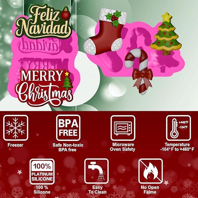 Christmas Silicone Molds Set – Tree, Stocking, Candy Cane & Holiday Phrases – Christmas Candle Molds,chocolate mold, Soap Molds, Wax Melts – Food-Grade Silicone – Reusable & Flexible