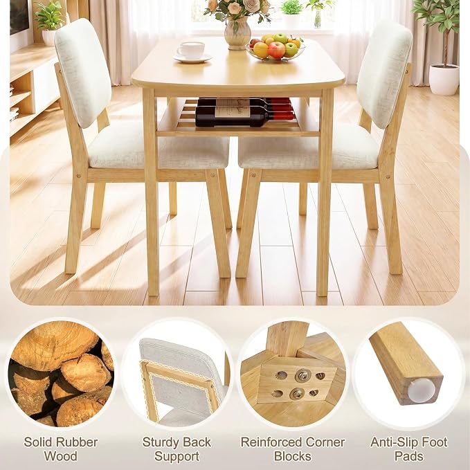 Giantex Dining Table Set for 2, Space Saving Kitchen Table and Chairs Set w/Rubber Wood Frame, Storage Rack, Padded Seats & Backrests, Dinette Set for Small Space, Apartment, Dining Room, Natural - Image 8