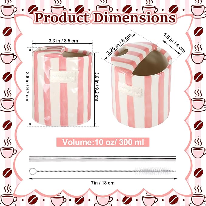 1 Pack Ceramic Coffee Mug with Sip Hole Espresso Cup 10oz with Straws Retro Hand Painted Striped Ceramic Iced Coffee Tea Travel Mug Latte Cup for Kitchen Dining (Simple,Pink) - Image 2