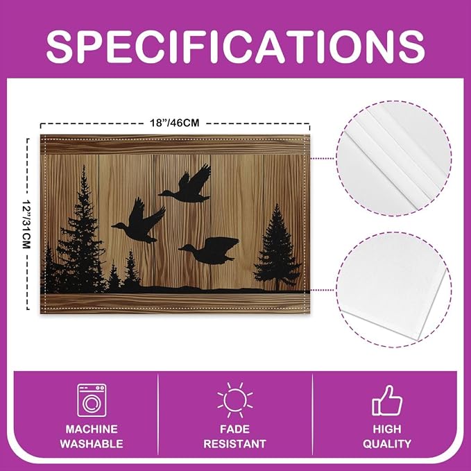 Feelyou Rustic Cabin Placemats Set of 4 Camo Hunting Mallard Duck Table Mats for Party Kitchen Dining Decoration Farmhouse Woodland Animal Place Mat for Table Holiday Decor Indoor Outdoor 18"x12" - Image 4