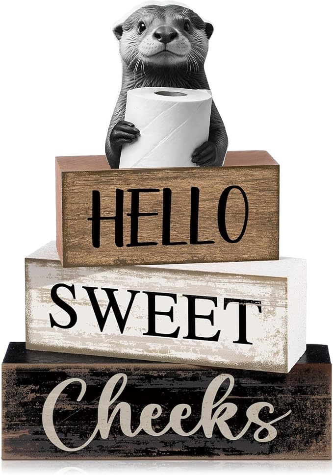 Moucuny 4 Pcs Otter Bathroom Decor Set Farmhouse Bathroom Decor and Accessories Rustic Hello Sweet Cheeks Wooden Blocks Signs with Toilet Paper Funny Toilet Shelf Decoration for Home Office Half Bath by Moucuny