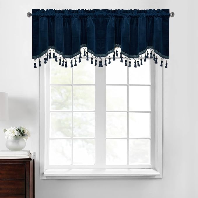 Navy Blue Tassel Velvet Valances Curtains 52x18 Inch 2 Panels | Luxury Thick Scalloped Valances for Kitchen, Office, Rod Pocket Privacy Home Decoration for Living Room by StangH
