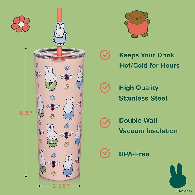 Dragon Glassware | Miffy Stainless Steel Tumbler with Straw, 24 oz - Pink | Vacuum Insulated Stainless Steel Tumbler with Straw & Lid; Double Walled Tumbler with Straw Charm; Miffy Cup with Lid - Image 3