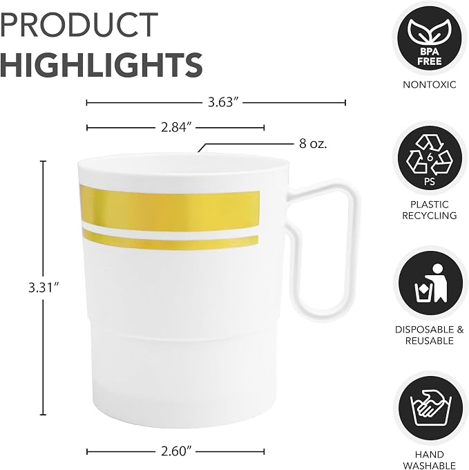 Party Essentials 8-Ounce Hard Plastic Coffee Cup/Tea Mug with Handle, 20-Count, White W/Gold Rim (Pack of 6) - Image 3