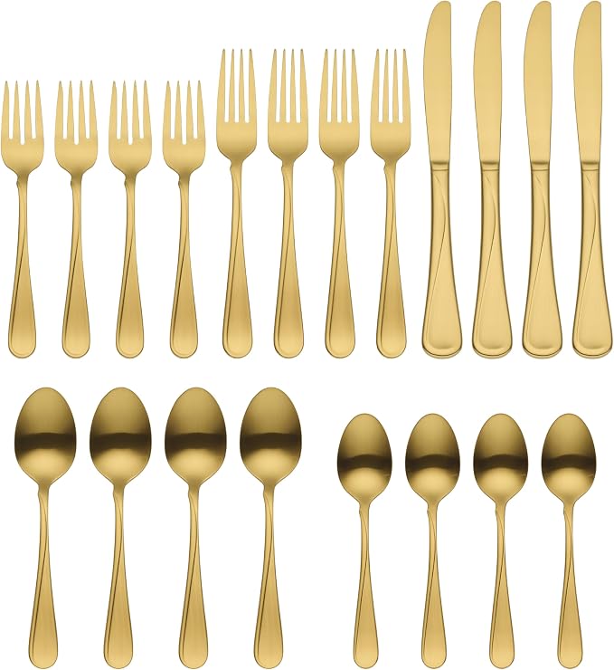 Oneida Flight Gold Satin 20-Piece 18/0 Silverware Set for 4, Flatware | satin finish, dishwasher safe | includes knives, forks, and spoons | heavy duty, cutlery set for kitchen and dining, utensils - Image 2
