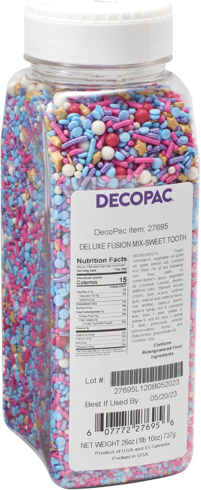 DECOPAC Sweet Tooth Deluxe Fusion Mix, 26oz, Fancy Candy Sprinkles in Handheld Container, Edible Sprinkles For Celebration Cakes, Cupcakes, Cookies and Donuts, Multicolored - Pink, Purple, Blue by Decopac