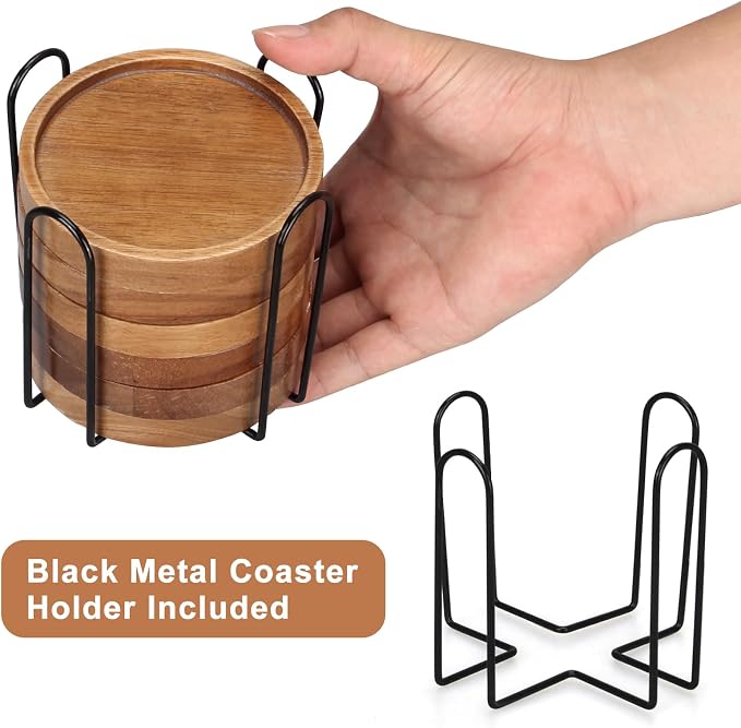 Acacia Wood Coasters Set of 8 Bar Accessories Table Decor Wooden Coaster | Rustic Vintage Drink Coaster with Holder Kitchen Decoration Cool Home Outdoor Cup Coster porta vasos Table Centerpieces - Image 4