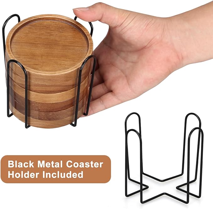 Wooden Coaster Set of 6 Coffee Table Decor Bar Cup Drink Coasters Holder | Acacia Wood Coaster Coffee Bar Accessories Kitchen and Dining Room Outdoor Costers Modern Cute Beer Rustic Farmhouse Decor - Image 3
