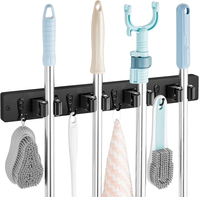 OUTNILI Black Mop Broom Holder Wall Mount with 4 Slots & 4 Hooks - Rustic Wood Broom Mop Hanger for Pantry Closet Laundry Room Organization - Heavy Duty Garden Tool Organizer - Black Kitchen Decor by OUTNILI