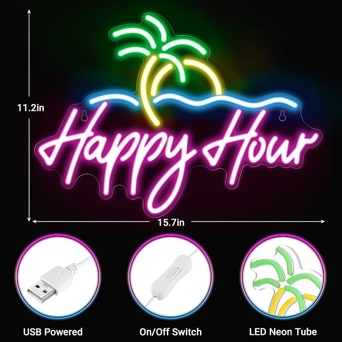 Kavaas Happy Hour Neon Sign 15.7" x 11.2", Palm Tree Neon Bar Signs for Home Bar Man Cave Club Pub Party - Best Gifts for Husband, Father, Birthday, Christmas - Image 3