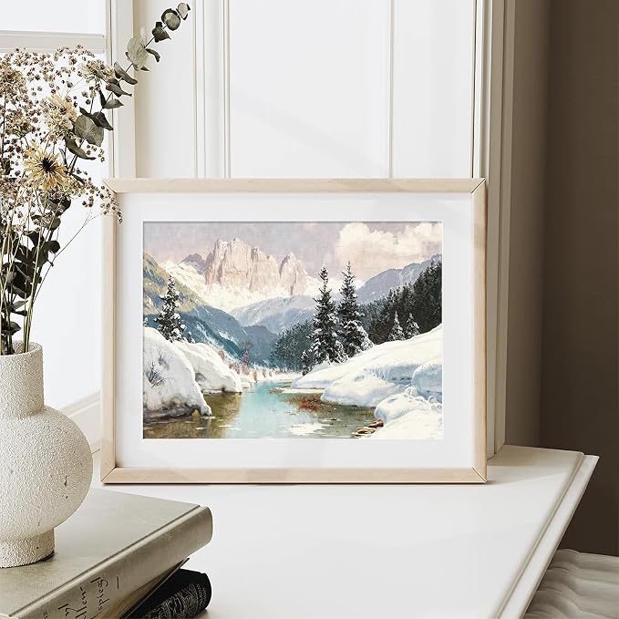 XOCUUI Vintage Unframed Canvas Wall Art, Snow Stream River Tree Cloud Winter Christmas Wall Art, Farmhouse Landscape Art Hanging Paintings for Living Room Bathroom Bedroom,11x14in - Image 3