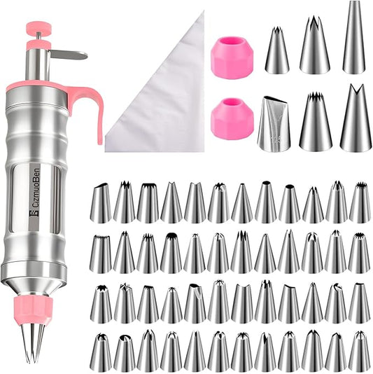 Dessert Decorating Syringe Set, Frosting Piping Kit icing piping kit 54 food-grade stainless steel piping nozzles for Baking, Decorating Cupcake, Deviled Eggs, Pink