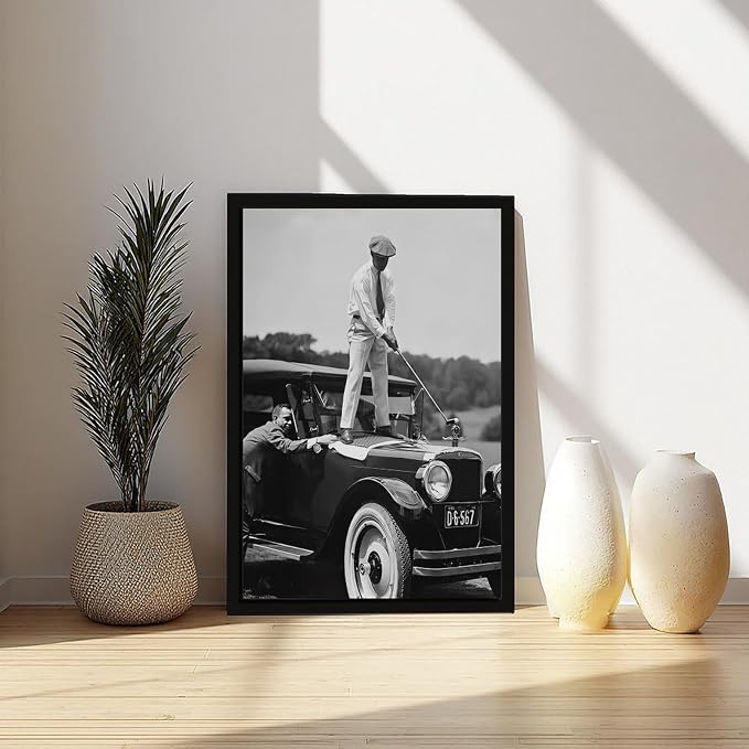UXCBIA Vintage Golfer Teeing on Car, Black And White, Sports Bar Wall Decor, Funny for Men Poster Canvas Poster Bedroom Decor Sports Landscape Office Room Decor Gift Black Frame 12x18in(30x45cm) - Image 6