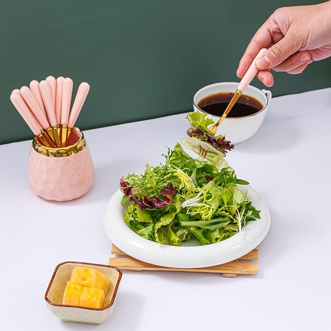Dessert Fork Set,Ceramic Jar with 8 Small Forks for Fruit,Salad,Appetizer,Cake,Flatware Set (Pink jar+8 forks)