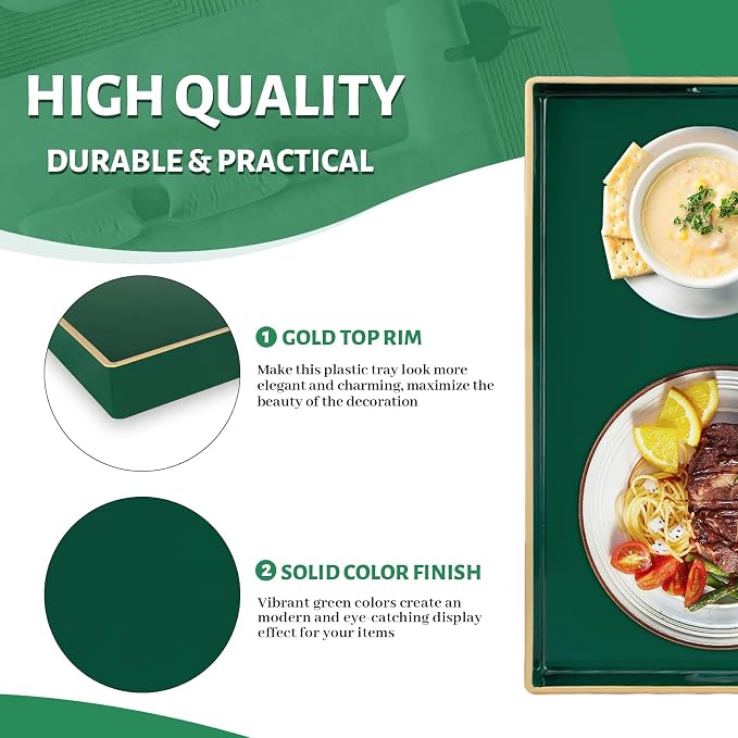 MAONAME Dark Green Decorative Tray for Ottoman, Serving Tray with Handles | Plastic Coffee Table Tray, Modern Melamine Tray, Rectangle Countertop Organizer Tray for Living Room, 15.8"L x 10.2"W x 1.4"H - Image 4