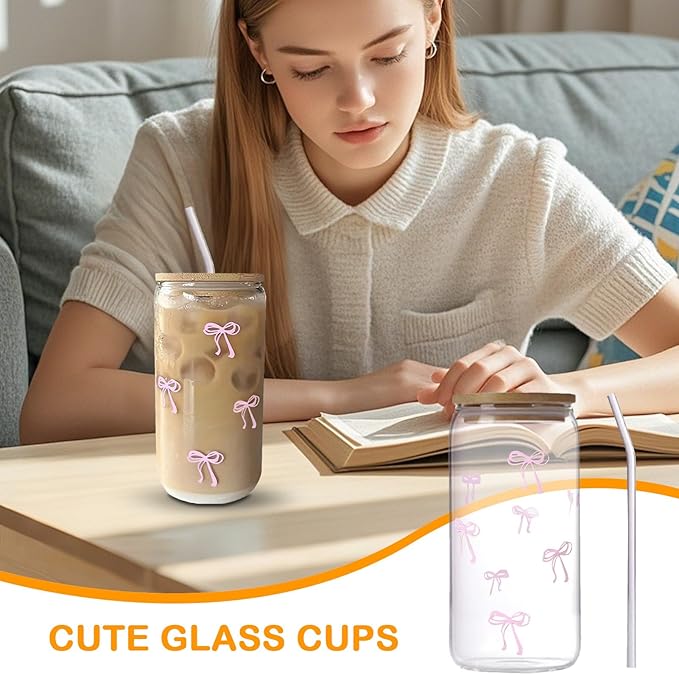 Glass Tumbler – With Straw and Lid, 500ml Bow Cup, Borosilicate Glass, Spill Resistant Lid Design, Reusable Straw Included, Easy Grip Handle | Iced coffee, tea, smoothies, cold beverage