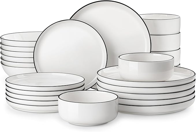 MALACASA 24 Pcs Porcelain Plates and Bowls Sets,Dinnerware Set for 6,White | Modern Ceramic Dishware Set,Kitchen Dining Ware,Microwave and Dishwasher Safe,Simple White with Black Trim Design,Series LUNA by MALACASA