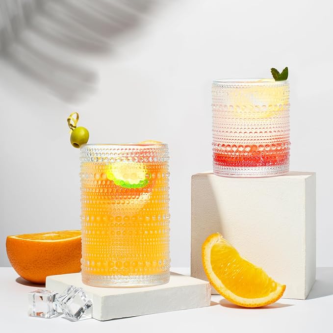 Hobnail Drinking Glasses with Straws, 15 oz & 12 oz Vintage Drinking Glasses Set of 8, Embossed Glasses Drinking Set, Textured Glass Cups for Kitchen, Beer, Juice, Cocktail, Whiskey, Milk - Image 4