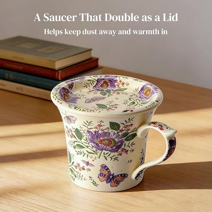 DOWAN 14 OZ Tea Cup & Saucer Set, Floral Mug with Lid, Ceramic Cappuccino/Latte Mug for Women, One Set - Image 2