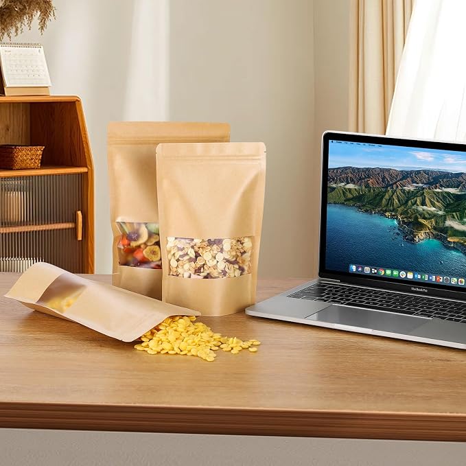 Kraft Paper Bags with Transparent Window, Stand Up Pouches Smell Proof Bags | 100 Pcs 4x6 Inch Resealable Bags for Small Business, Zipper. Food Storage, for Packaging Snacks Cookies Candy - Image 7