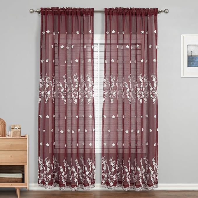 Red Sheer Curtains 84 Inches Long 2 Panels, White Floral Pattern Drapes for Living Room, Light Filtering Rod Pocket Window Treatments for Office, 54 x 84 Inches - Image 2