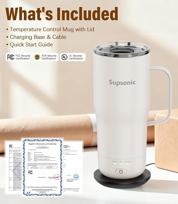 Supsonic Heated Coffee Mug Rechargeable, 20oz Long-Lasting Battery (S3) | Dry-burn protection, 2Hr auto-off, 3-Temp settings, Constant temperature, Inner stainless steel, Warm gift for men women - Image 8