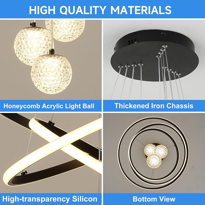 ORANOOR LED Modern 3 Ring Chandelier, 24inch Dimmable Kitchen Pendant Light | Black Dining Room Light Fixtures Ceiling Hanging Over Table, Globe Round Chandeliers for Dining Room Living Room Bedroom - Image 5